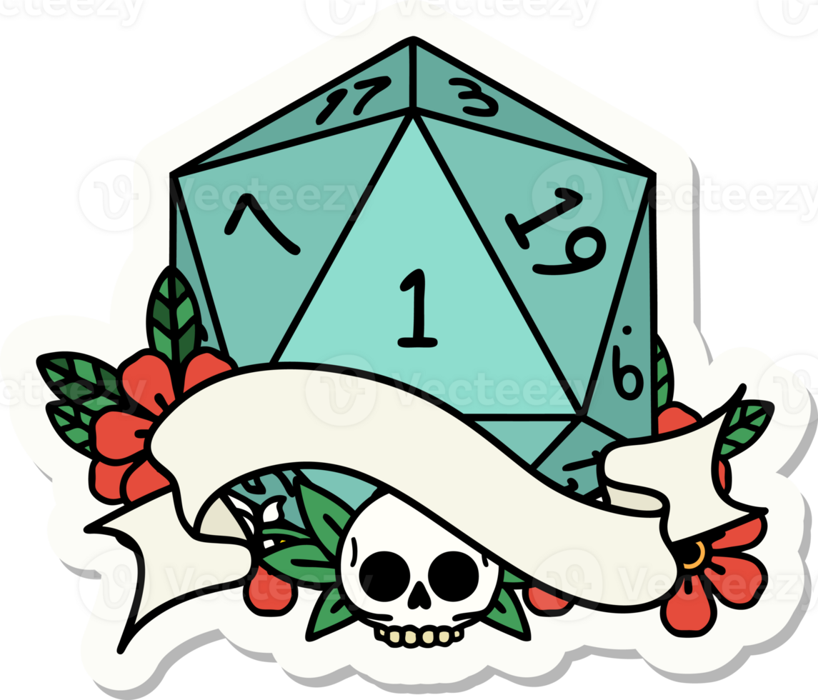 sticker of a natural one d20 dice roll png