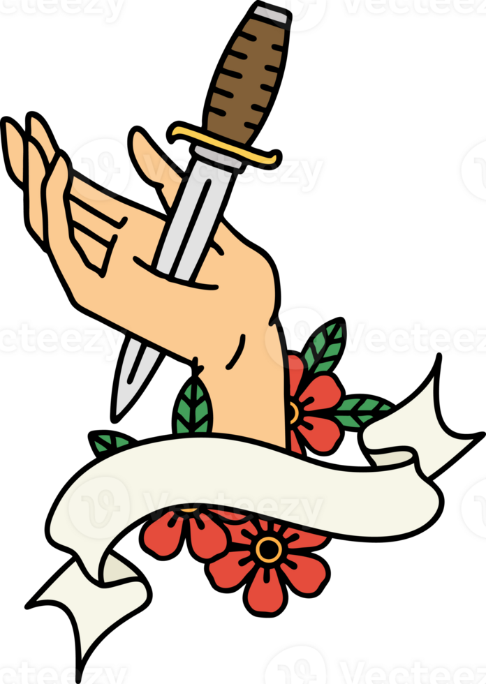 traditional tattoo with banner of a dagger in the hand png