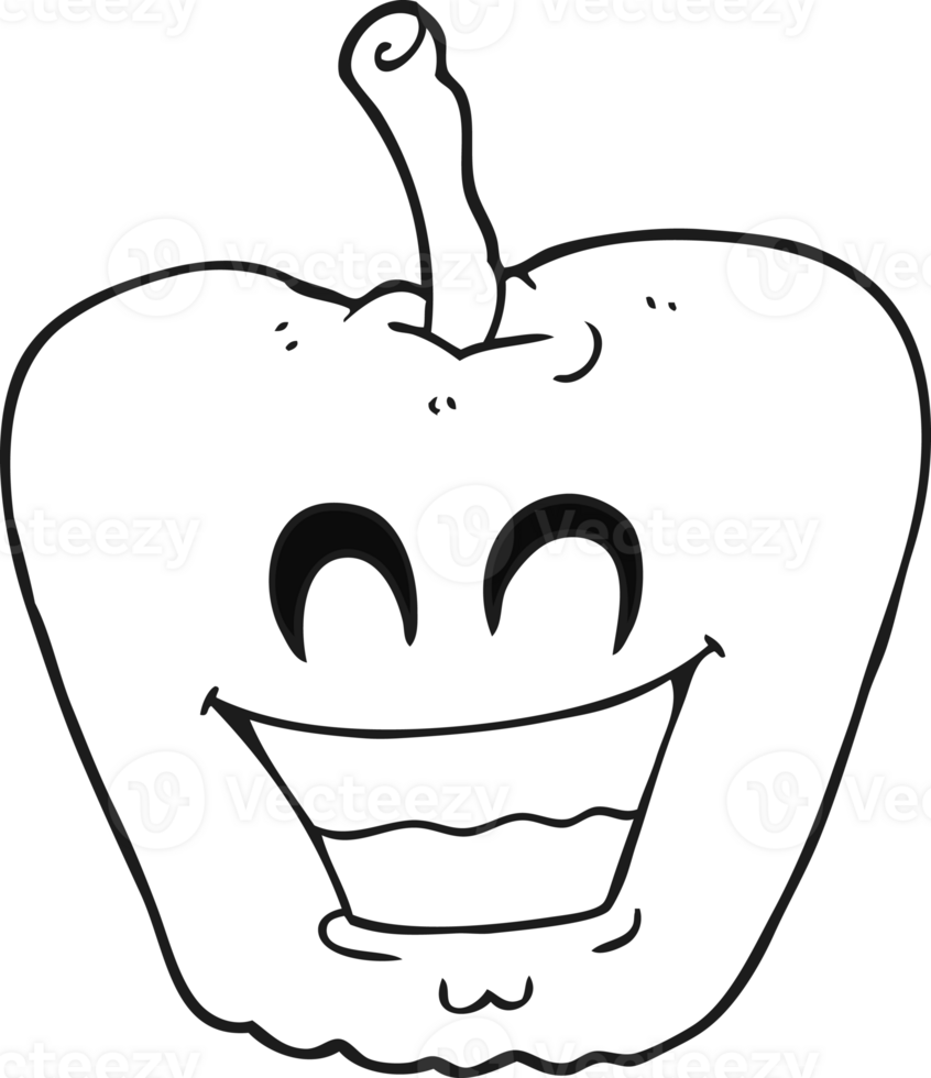 hand drawn black and white cartoon grinning apple png