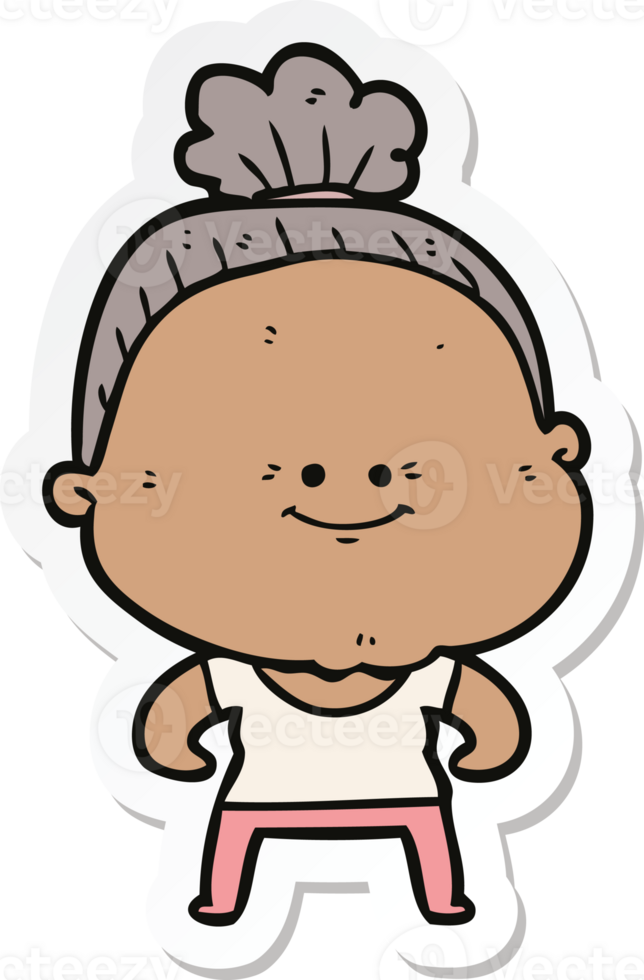 sticker of a cartoon happy old woman png