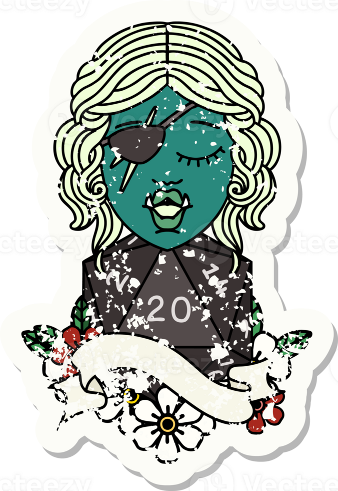 Retro Tattoo Style half orc rogue with natural twenty dice roll png