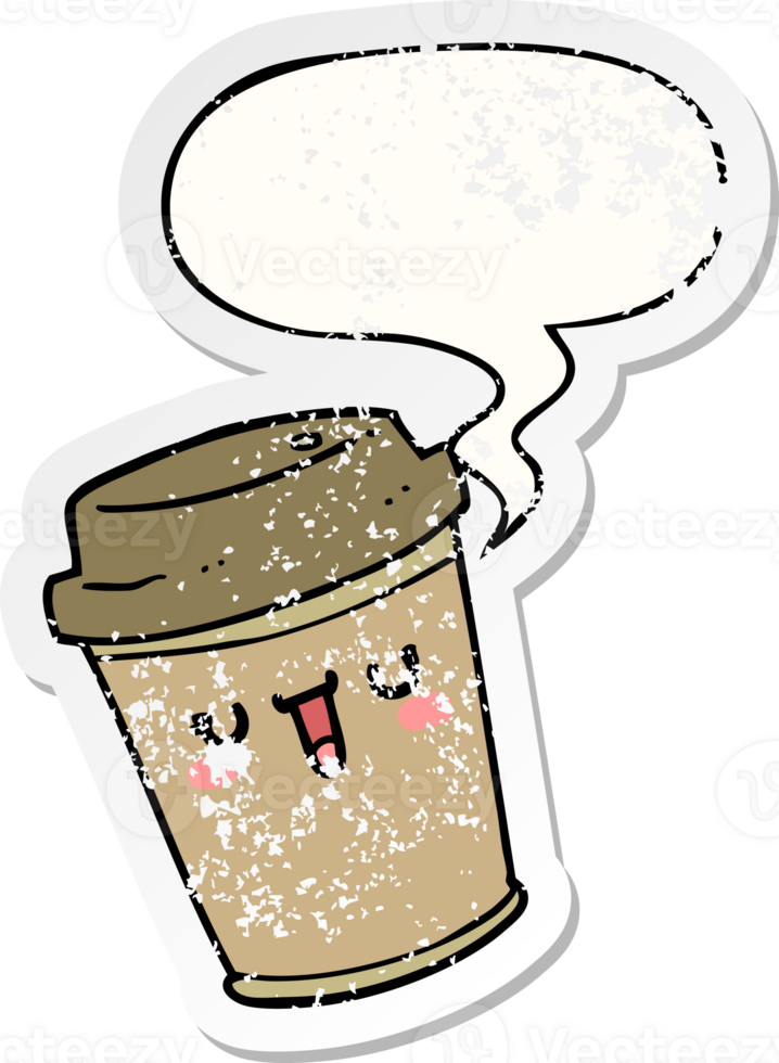 cartoon take out coffee with speech bubble distressed distressed old sticker png
