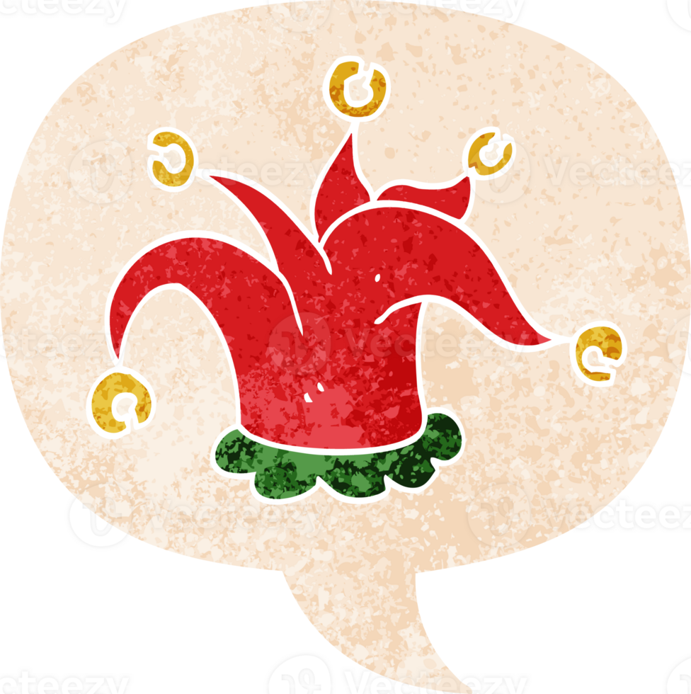 cartoon jester hat with speech bubble in grunge distressed retro textured style png