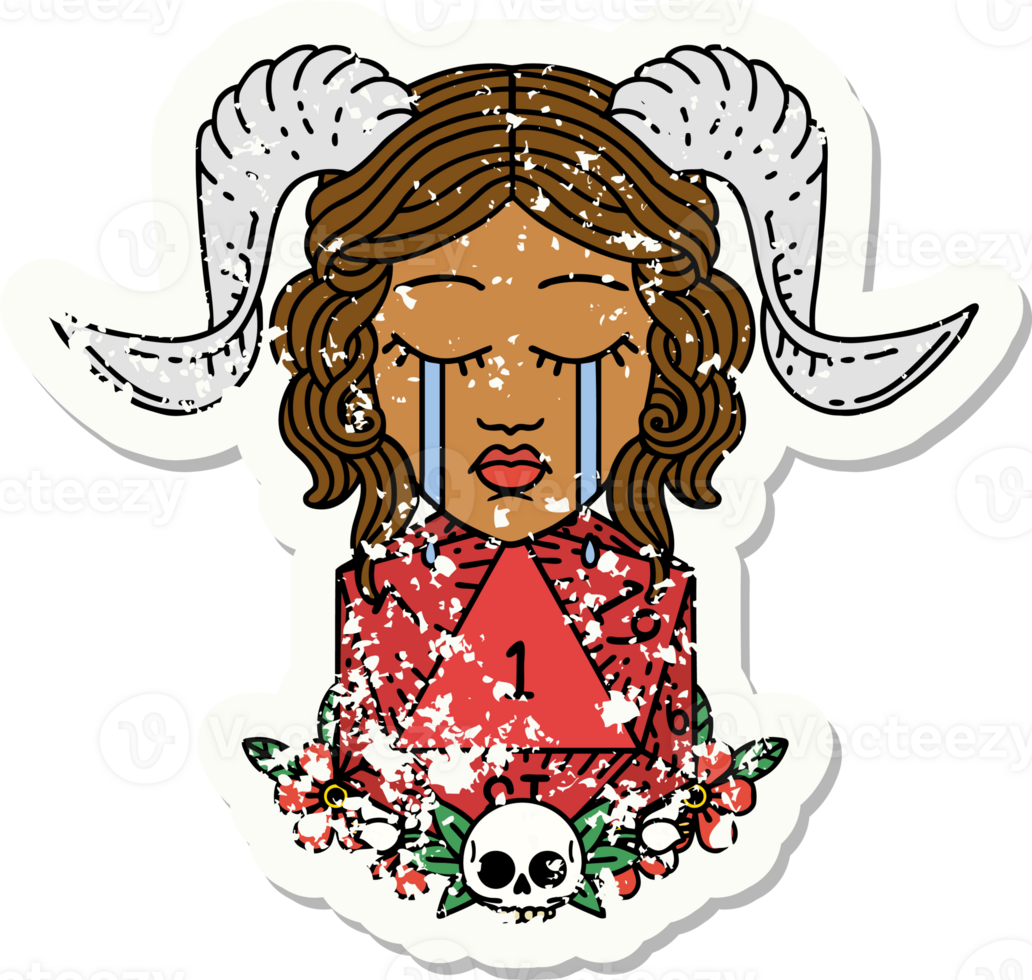 Retro Tattoo Style sad tiefling with natural one d20 dice roll png