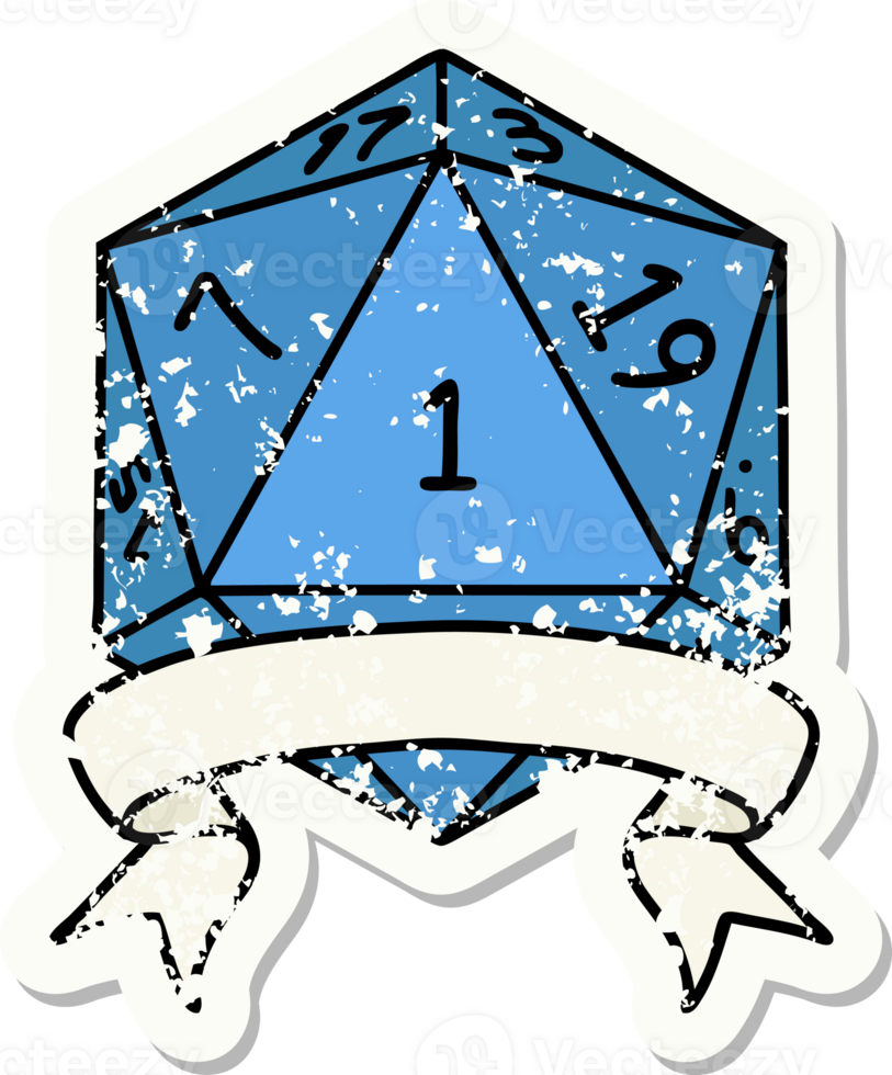 grunge sticker of a natural one d20 dice roll png
