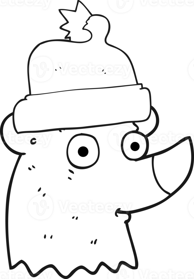 hand drawn black and white cartoon bear wearing christmas hat png