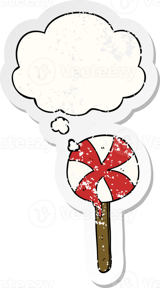 cartoon lollipop with thought bubble as a distressed worn sticker png