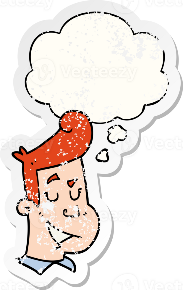 cartoon happy man with thought bubble as a distressed worn sticker png