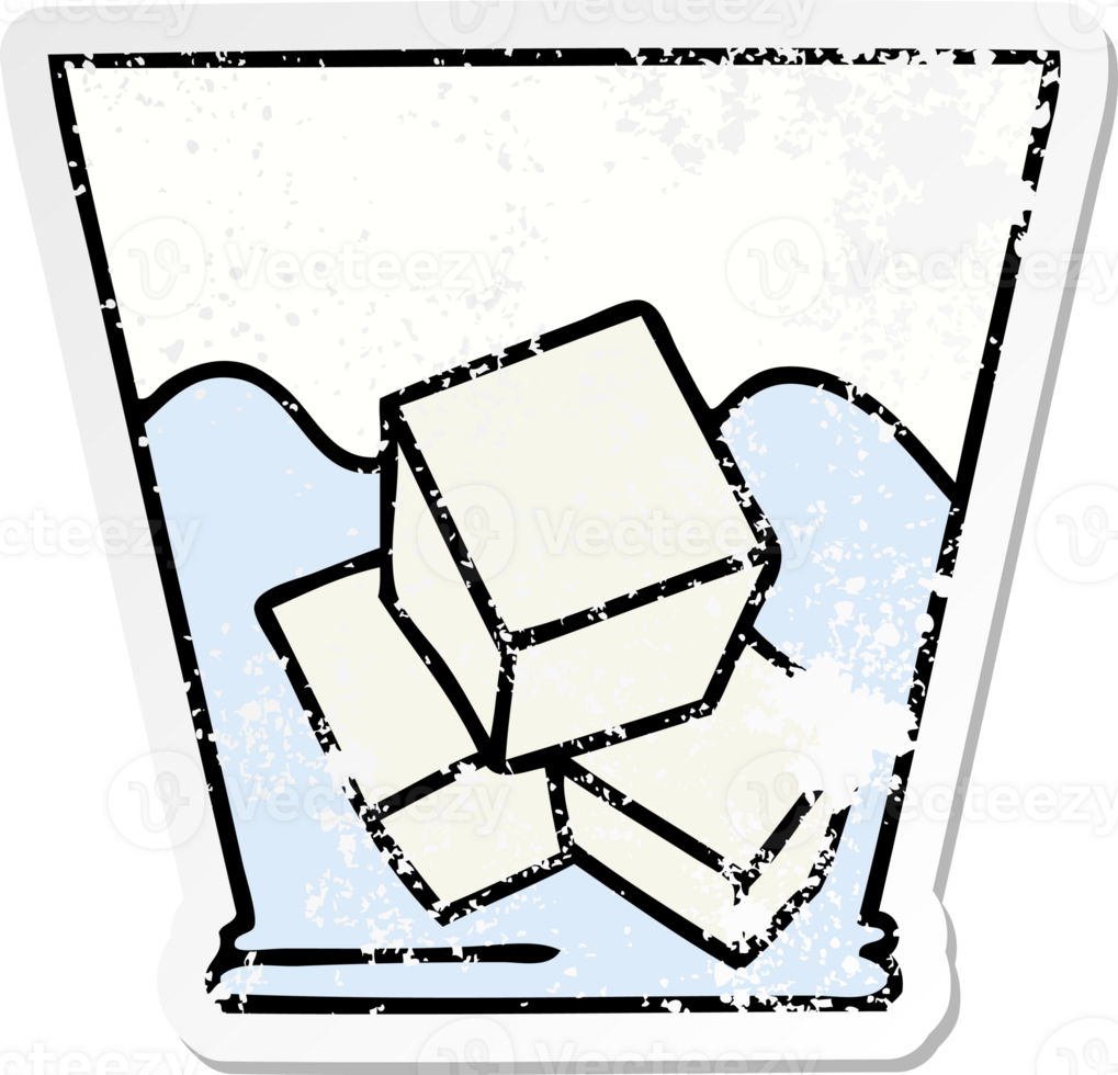 distressed sticker of a quirky hand drawn cartoon whisky and ice png