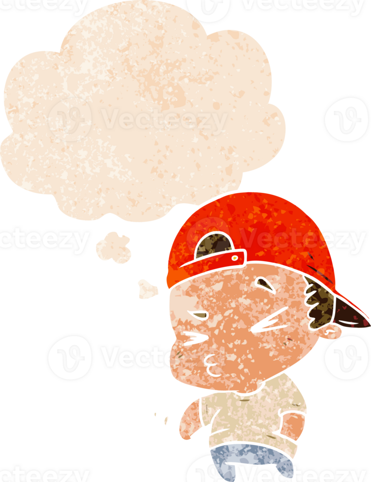 cartoon cool kid with thought bubble in grunge distressed retro textured style png