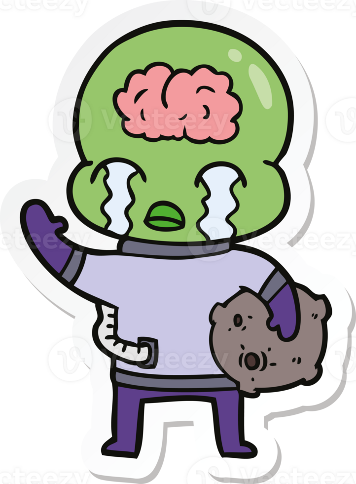 sticker of a cartoon big brain alien crying and waving goodbye png