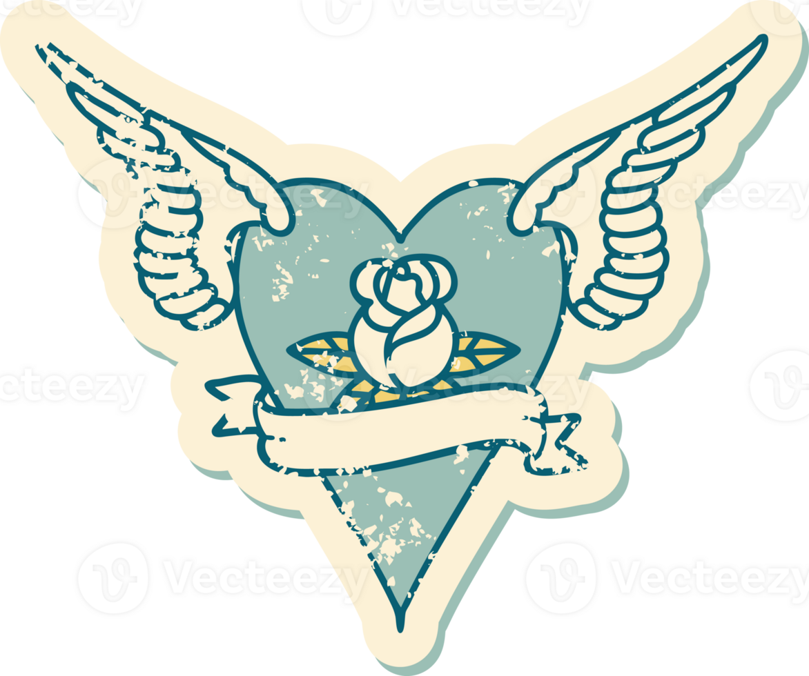 iconic distressed sticker tattoo style image of a flying heart with flowers and banner png