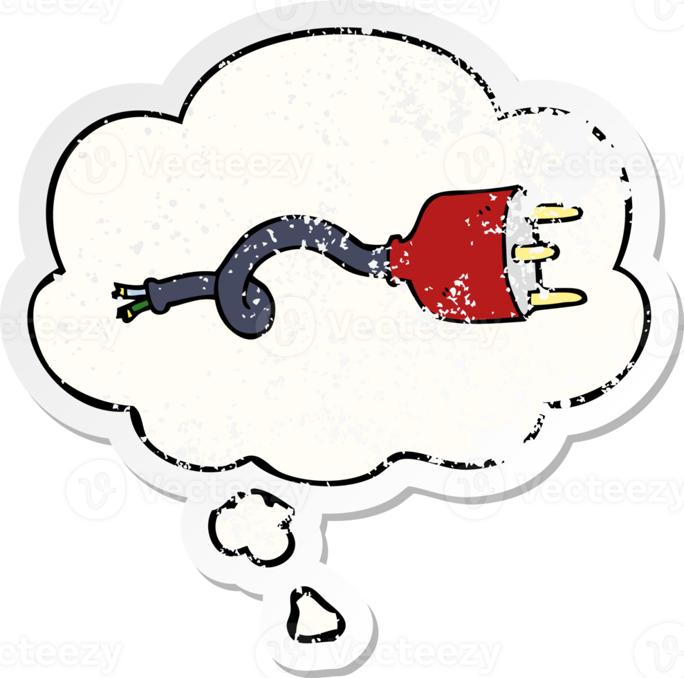 cartoon electrical plug with thought bubble as a distressed worn sticker png