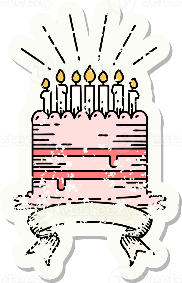 worn old sticker of a tattoo style birthday cake png