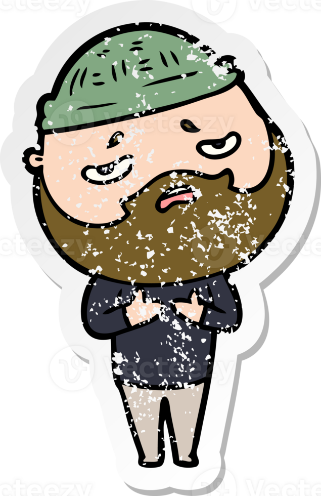distressed sticker of a cartoon worried man with beard png