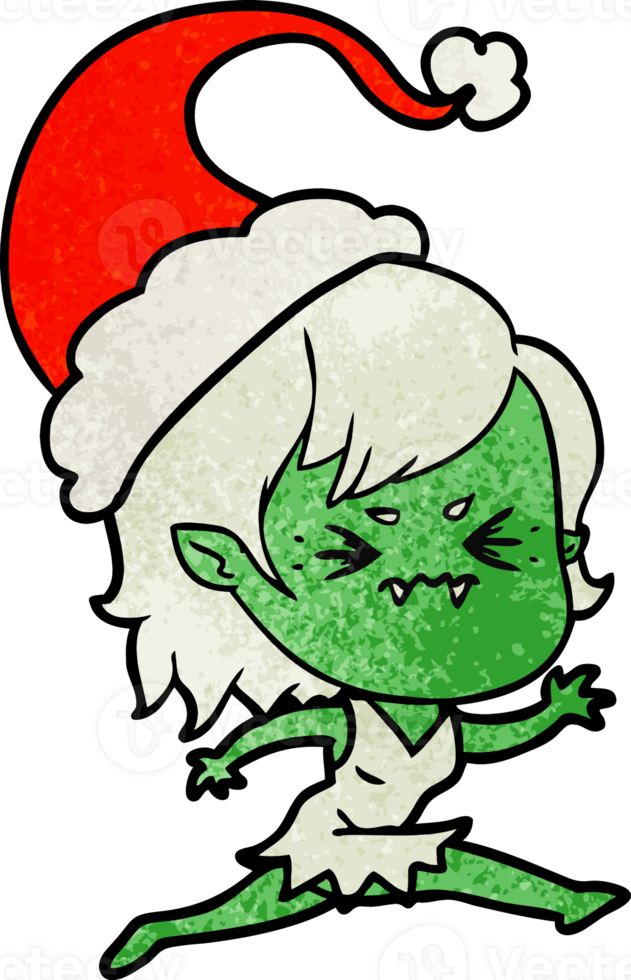 annoyed hand drawn textured cartoon of a vampire girl wearing santa hat png
