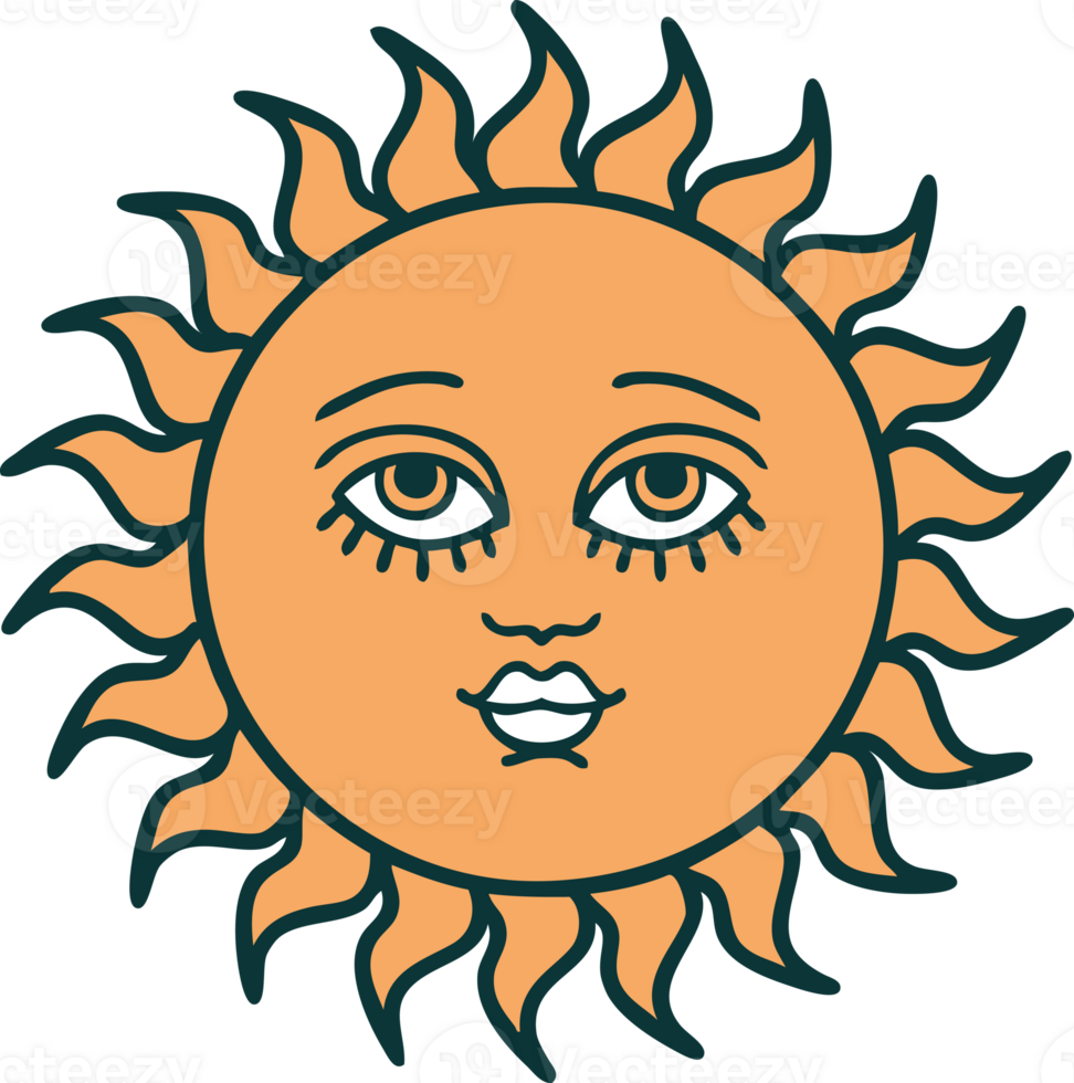 iconic tattoo style image of a sun with face png