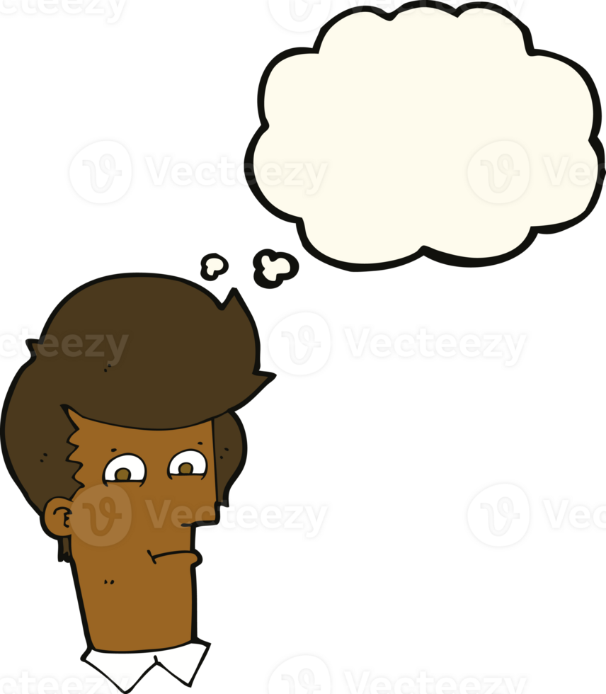 cartoon man narrowing eyes with thought bubble png