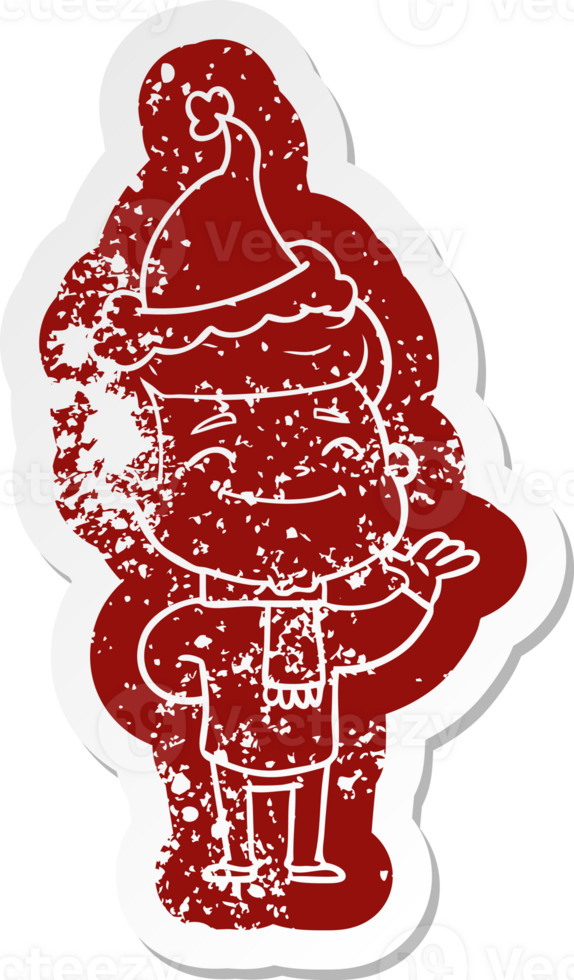 happy quirky cartoon distressed sticker of a man wearing santa hat png