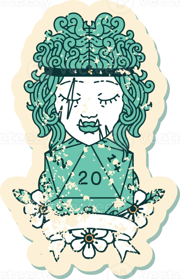 Retro Tattoo Style half orc barbarian character with natural 20 dice roll png