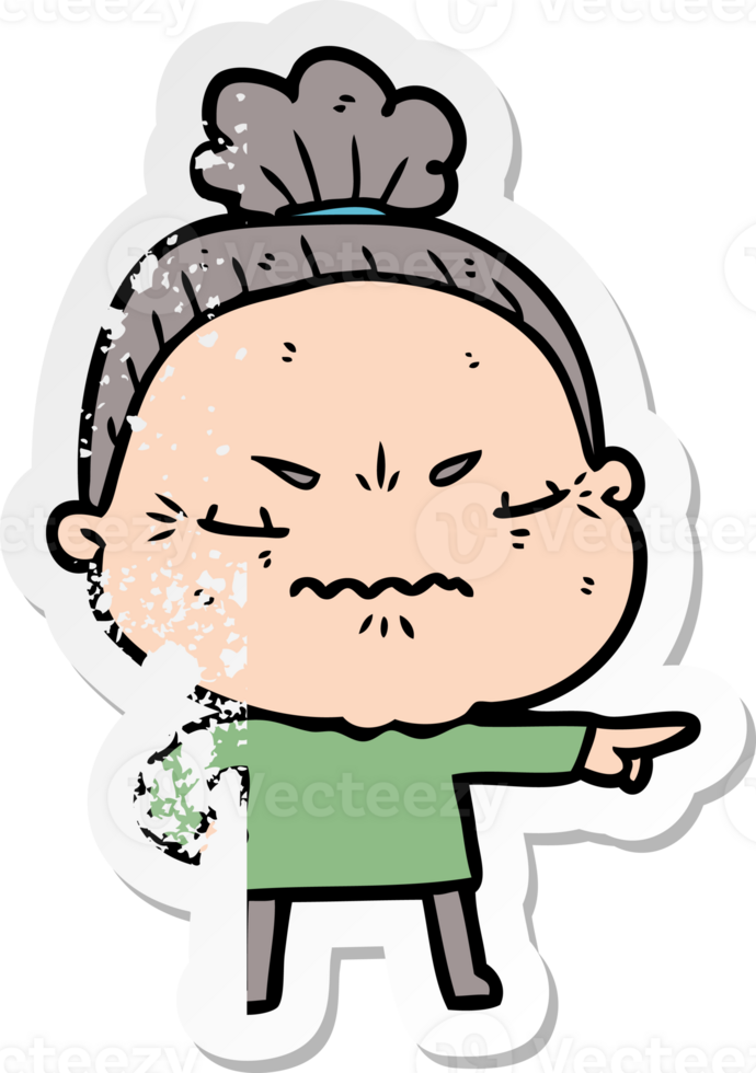 distressed sticker of a cartoon annoyed old lady png