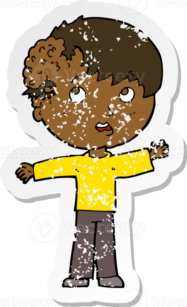 retro distressed sticker of a cartoon boy with growth on head png
