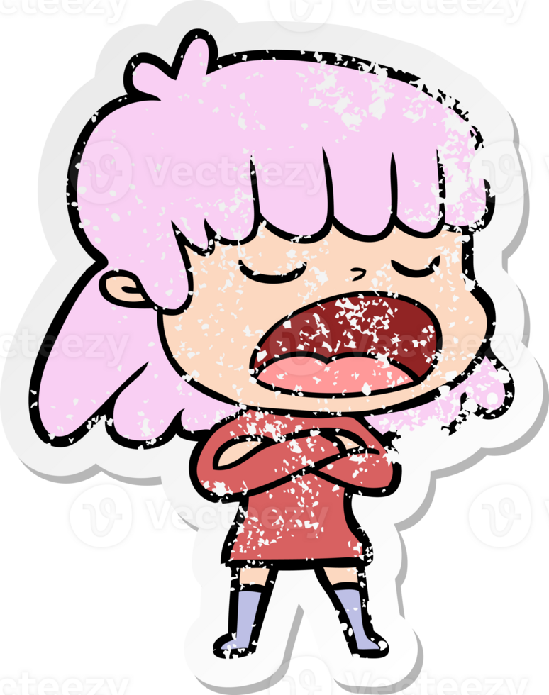 distressed sticker of a cartoon woman talking loudly png