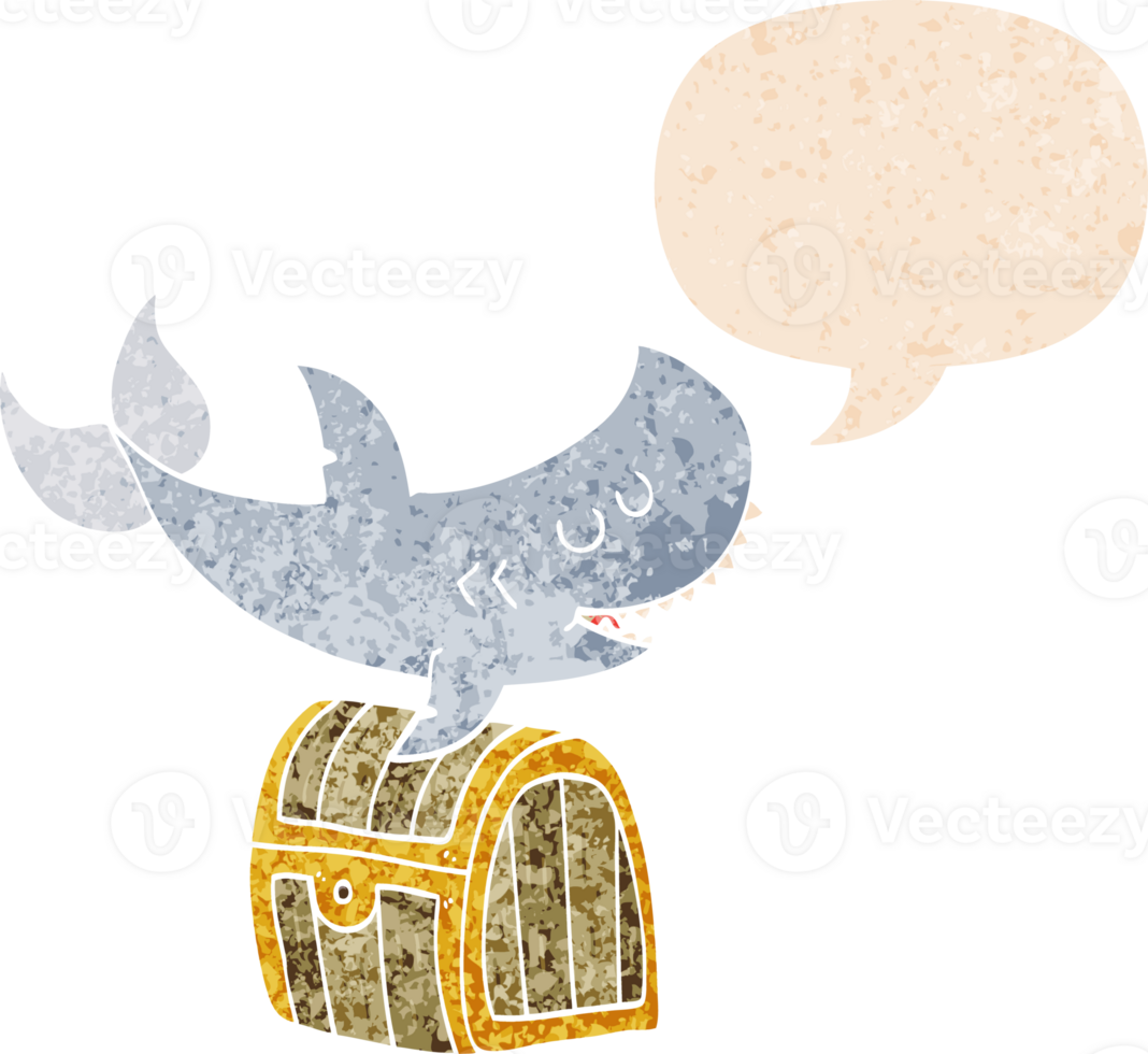 cartoon shark swimming over treasure chest with speech bubble in grunge distressed retro textured style png