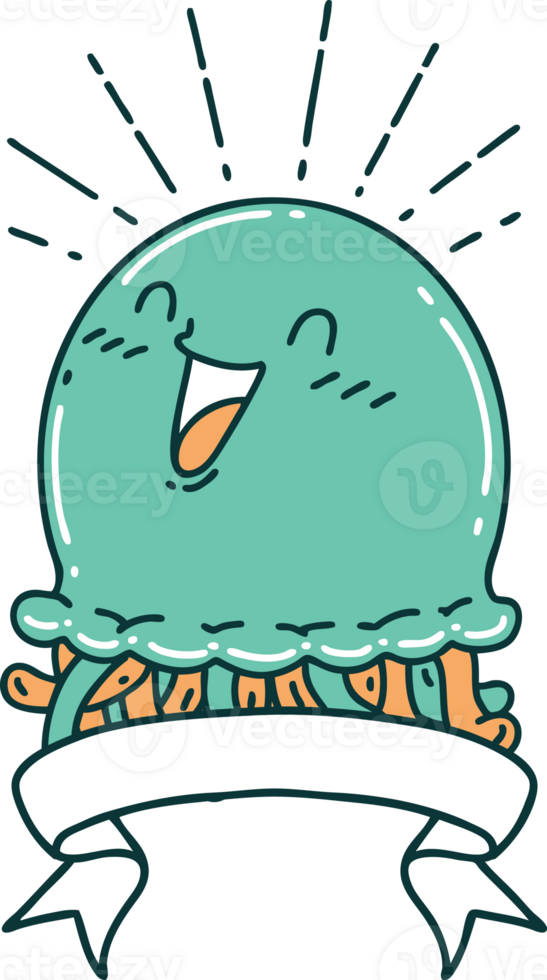 scroll banner with tattoo style happy jellyfish png