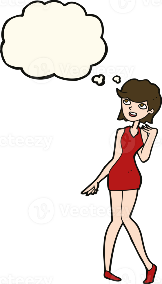 cartoon woman in cocktail dress with thought bubble png