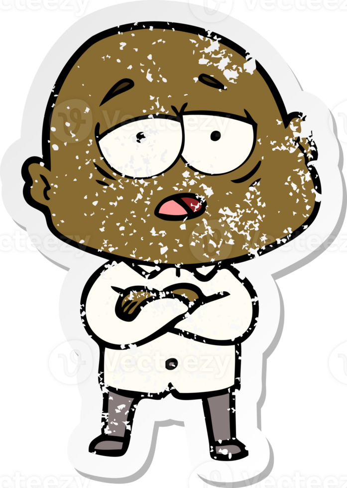distressed sticker of a cartoon tired bald man png