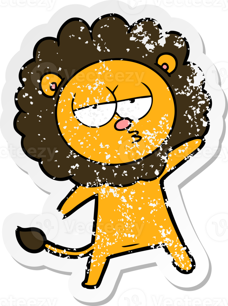 distressed sticker of a cartoon tired lion png