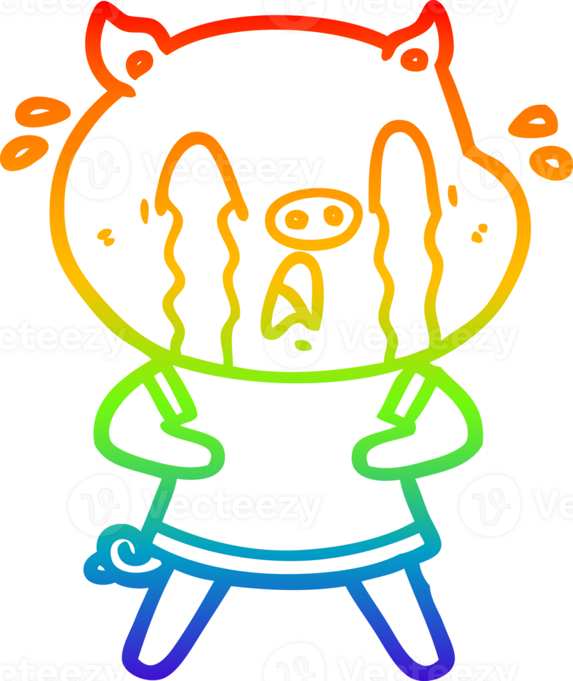 rainbow gradient line drawing of a crying pig cartoon wearing human clothes png