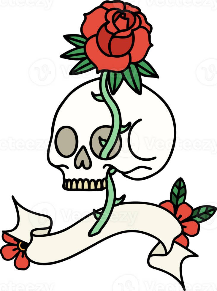 traditional tattoo with banner of a skull and rose png