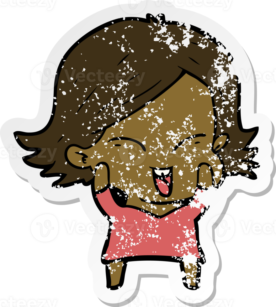 distressed sticker of a happy cartoon girl png
