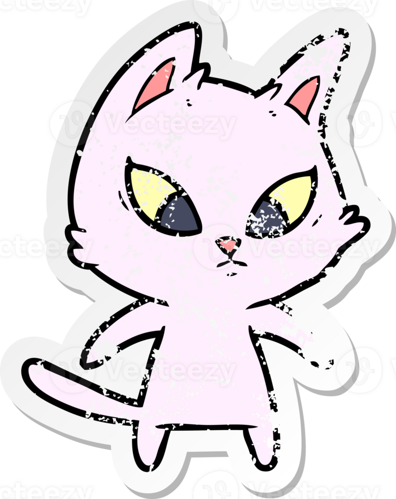 distressed sticker of a confused cartoon cat png