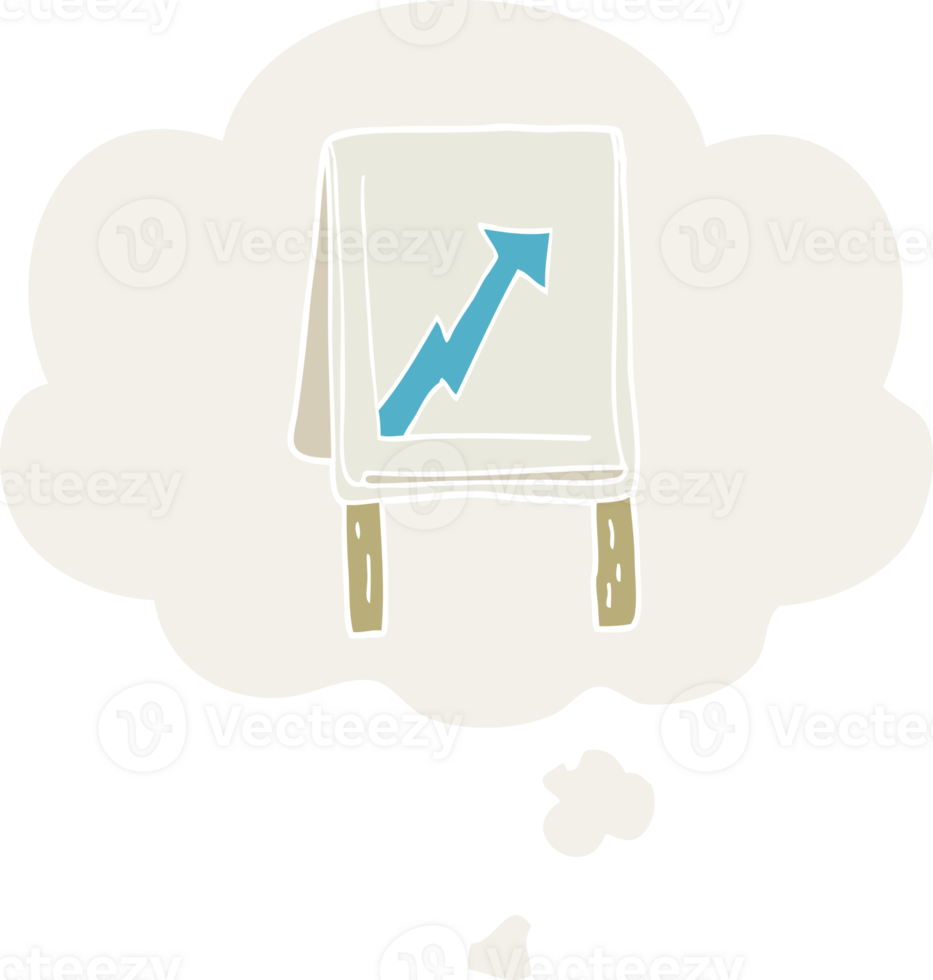 cartoon business chart with arrow with thought bubble in retro style png