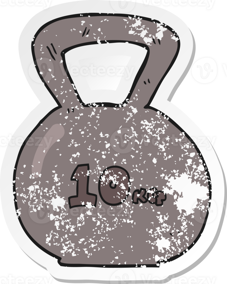 retro distressed sticker of a cartoon 10kg kettle bell weight png