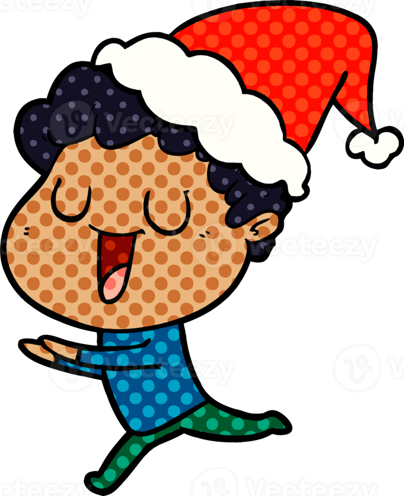 laughing comic book style illustration of a man running wearing santa hat png