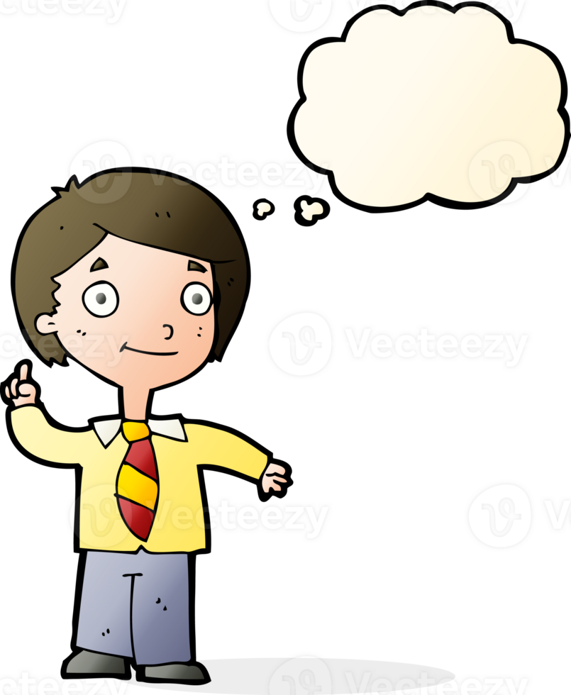 cartoon school boy answering question with thought bubble png