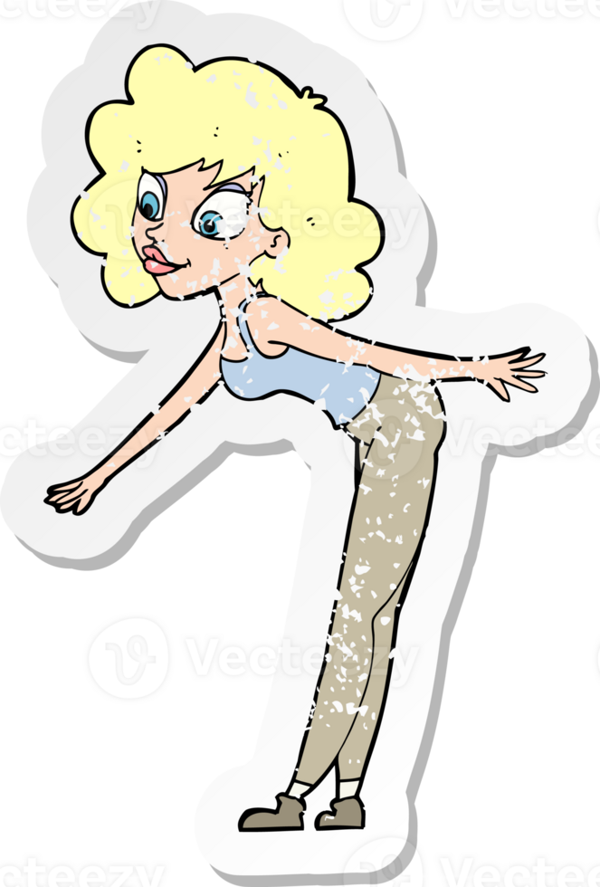 retro distressed sticker of a cartoon woman reaching to pick something up png