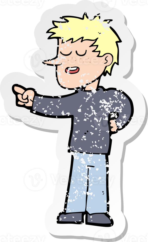retro distressed sticker of a cartoon man pointing png