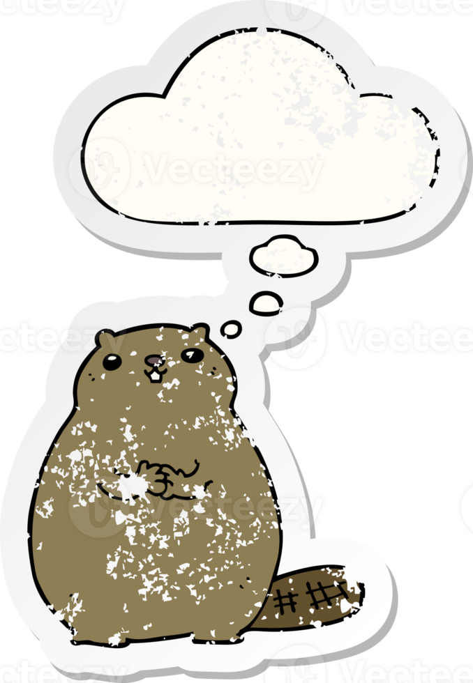 cartoon beaver and thought bubble as a distressed worn sticker png