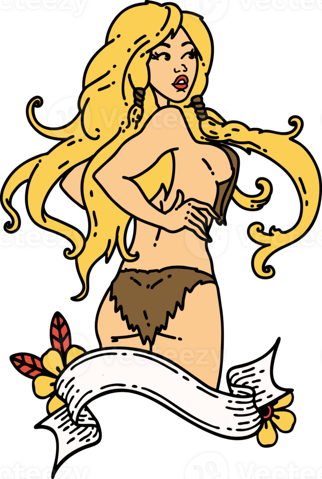 traditional tattoo of a pinup viking girl with banner png