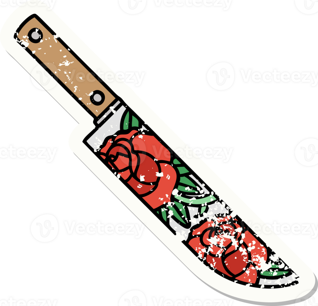 traditional distressed sticker tattoo of a dagger and flowers png