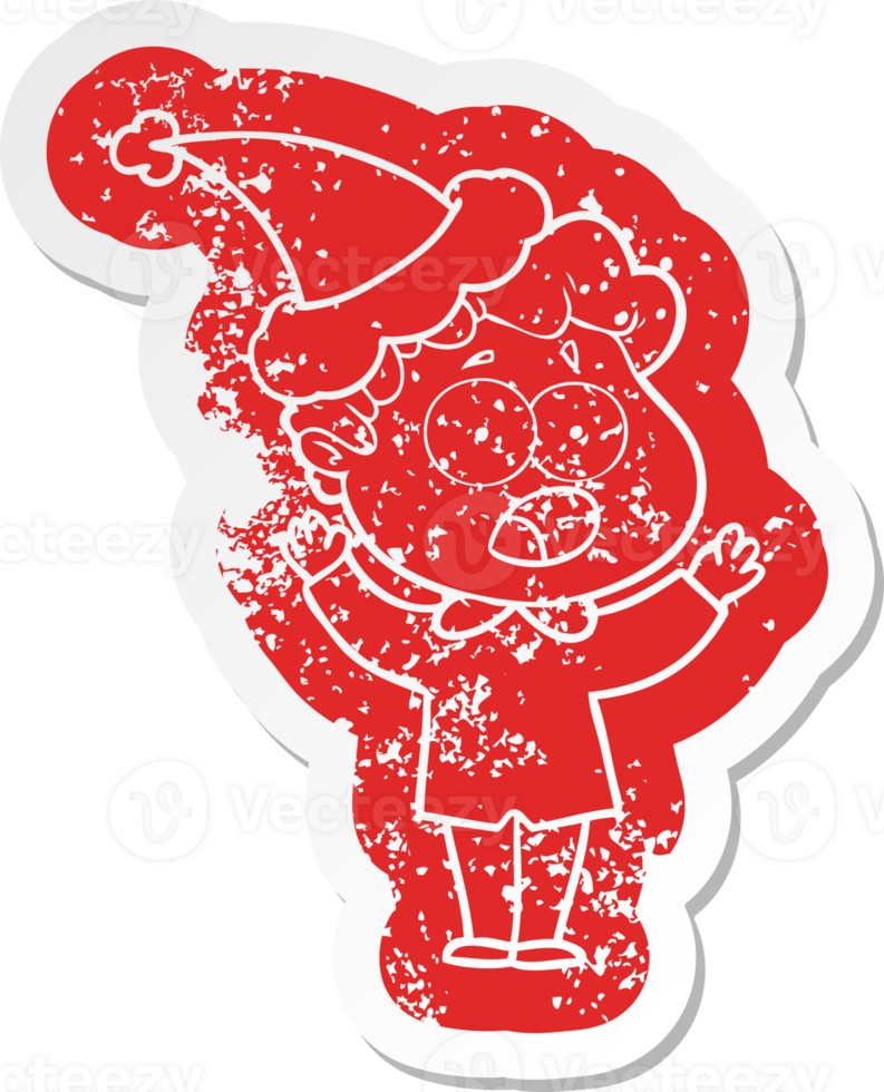 cartoon distressed sticker of a man gasping in surprise wearing santa hat png