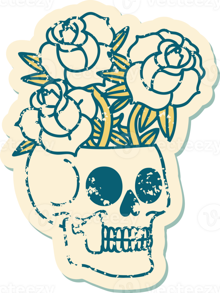distressed sticker tattoo style icon of a skull and roses png