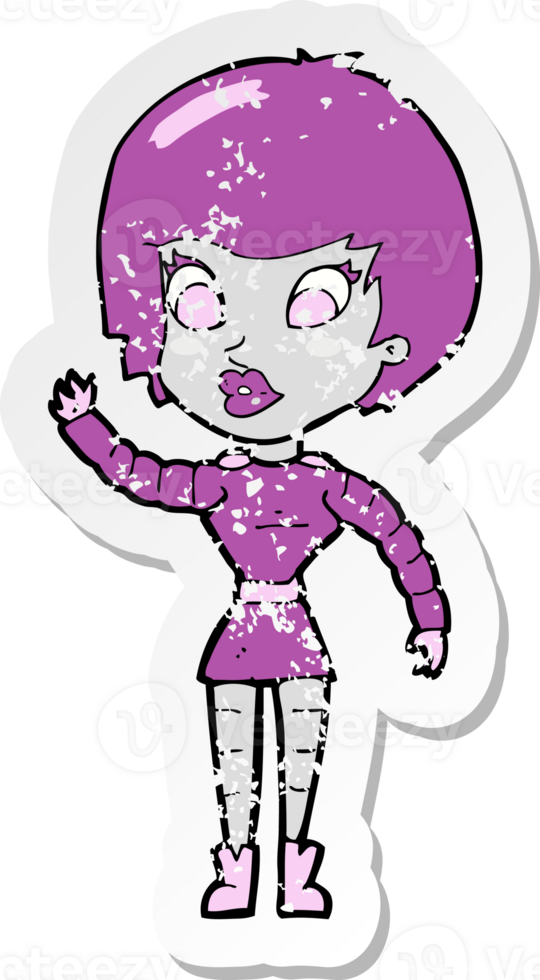 retro distressed sticker of a cartoon robot woman waving png