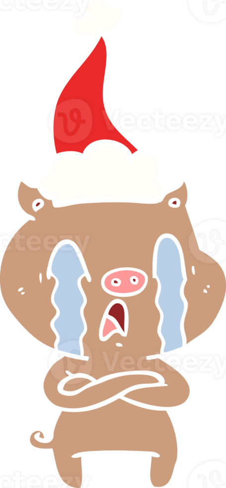 crying pig flat color illustration of a wearing santa hat png