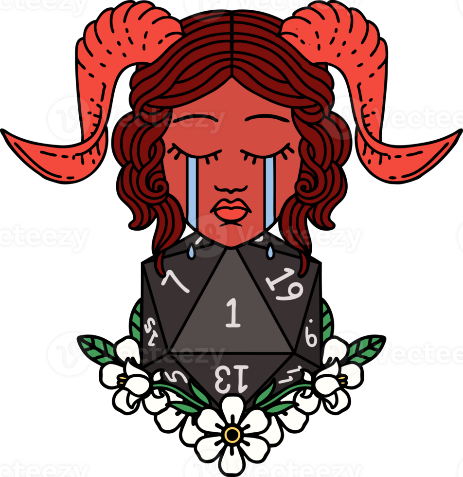 crying tiefling character with natural one D20 dice roll illustration png